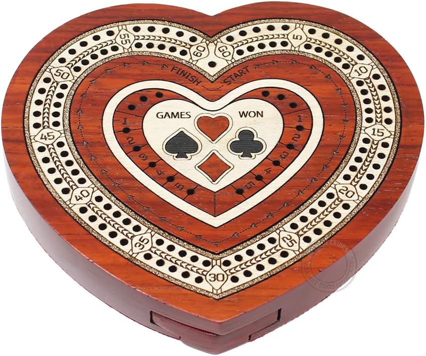 House of Cribbage - Heart Shape 2 Track Travel Cribbage Board in Blood Wood/Maple Wood with Storage for Pegs