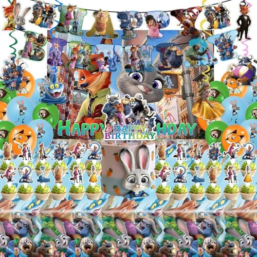 49PCS Zootopia2 Birthday Party Supplies Backdrop Happy Birthday Banner Tablecloth Large Aluminum Balloon Small Aluminum Balloons Latex Balloons Cake Topper Cupcake Toppers Hanging Swirls