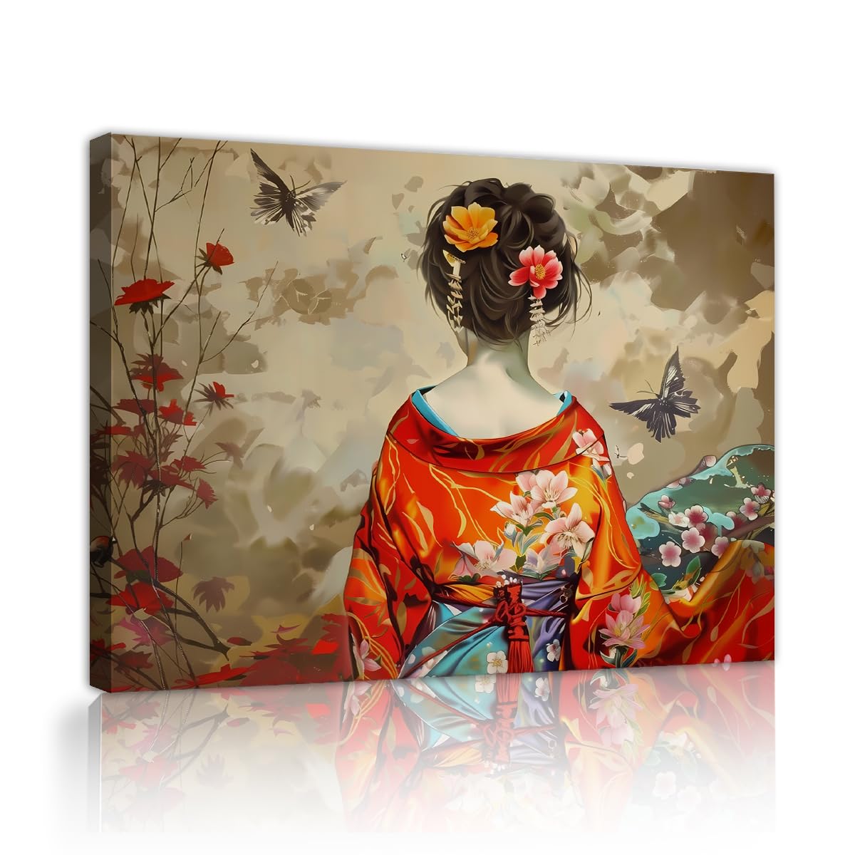 Via Vela Japanese Geisha Canvas Wall Art Elegant Kimono Woman Asian Aesthetic Wall Decor for Living Room Bedroom Office Large Framed Japanese Artwork Modern Home Decoration 80x120cm