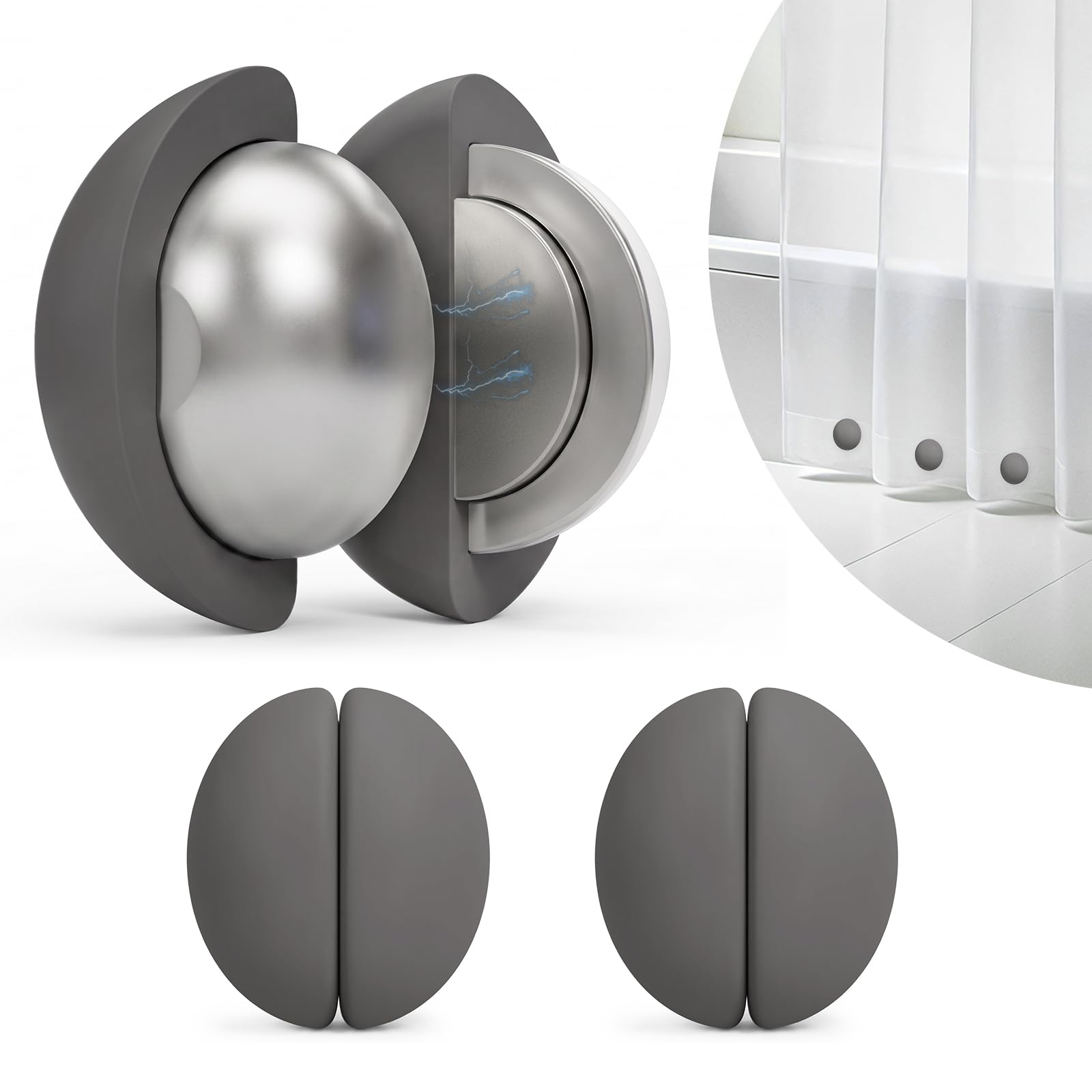 3 Pairs Shower Curtain Weights, Silicone Wrapped Heavy Duty Magnets, Rustproof and Waterproof Magnets Weights for Stable Shower Curtains, Liners Weights for Drapery, Flag, Tablecloth(Grey,3 Pairs)