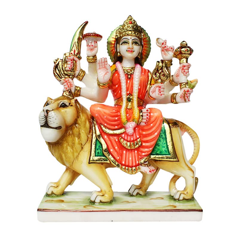 FABZONE Marble Dust MATA Sherawali, MATA Rani, Goddess Durga MATA Sitting On Lion, Multicolor, 10.5 Inches, 1 Piece