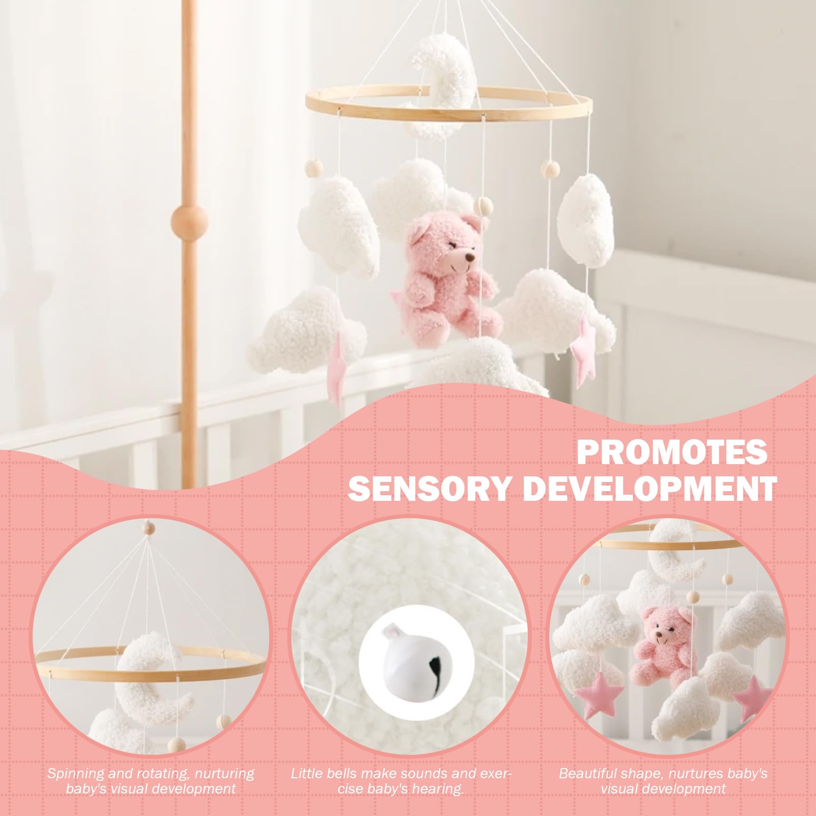 Mobile de berceau, mobile de bébé 17, 7 x 9 pouces pour berceau, décor chambre d'enfant en velours en peluche ours mignon, bébé suspendu rotatif à 360 ° pour chambre d'enfant pour