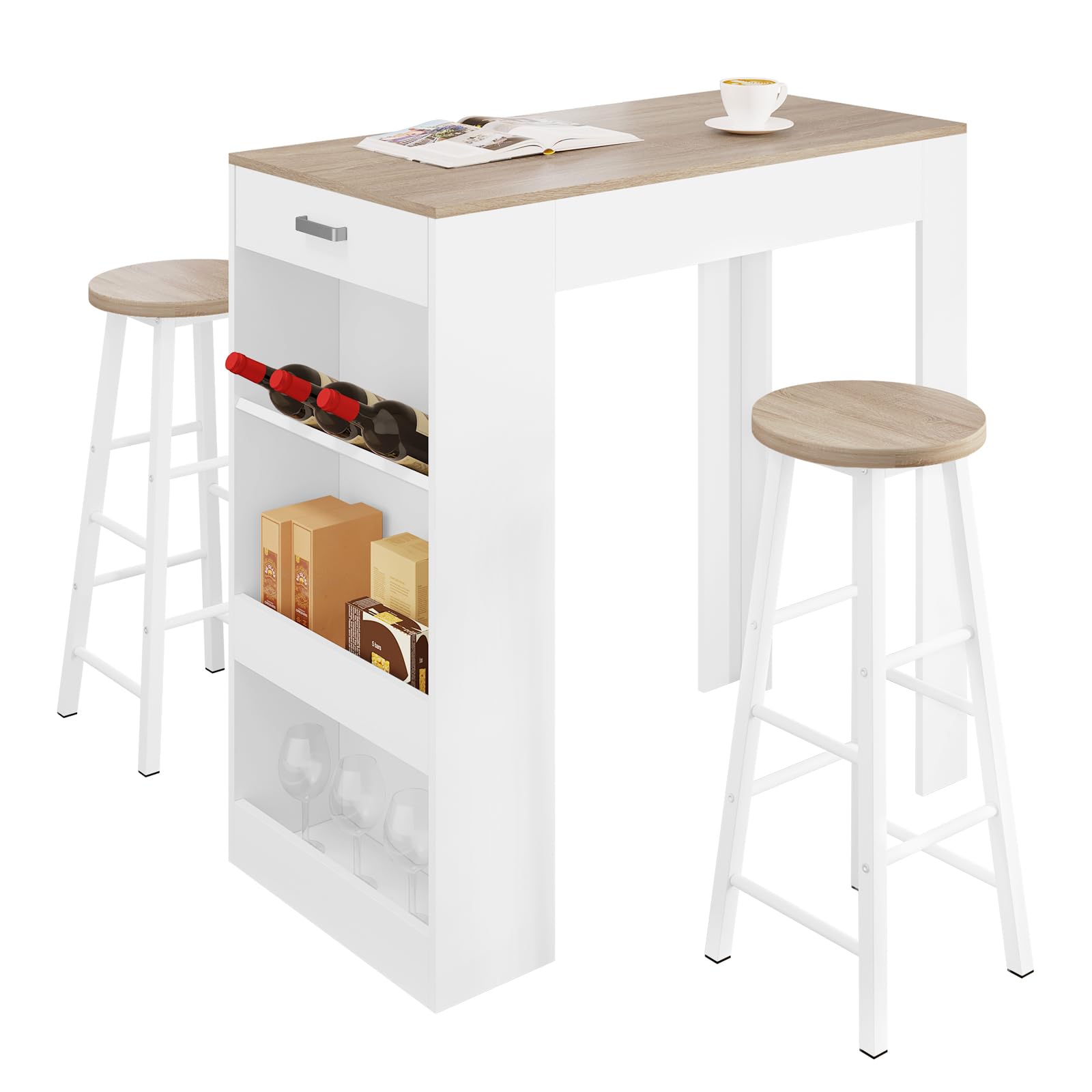 WOLTU Set Mesa de Bar y 2 uds. Taburete de Bar Muebles Cocina Silla de Comedor para Salon Cocina Mesa 100x50x100 cm Blanco+Roble Claro