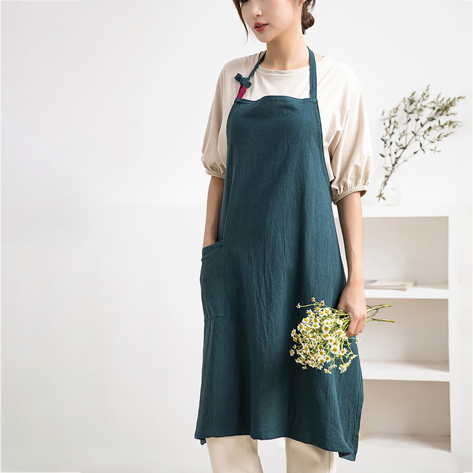 Grembiule da Cucina in Cotone E Lino, Grembiule Regolabile con Tasche per Donne E Uomini, Giardinaggio, Ristorante, Chef F,One Size