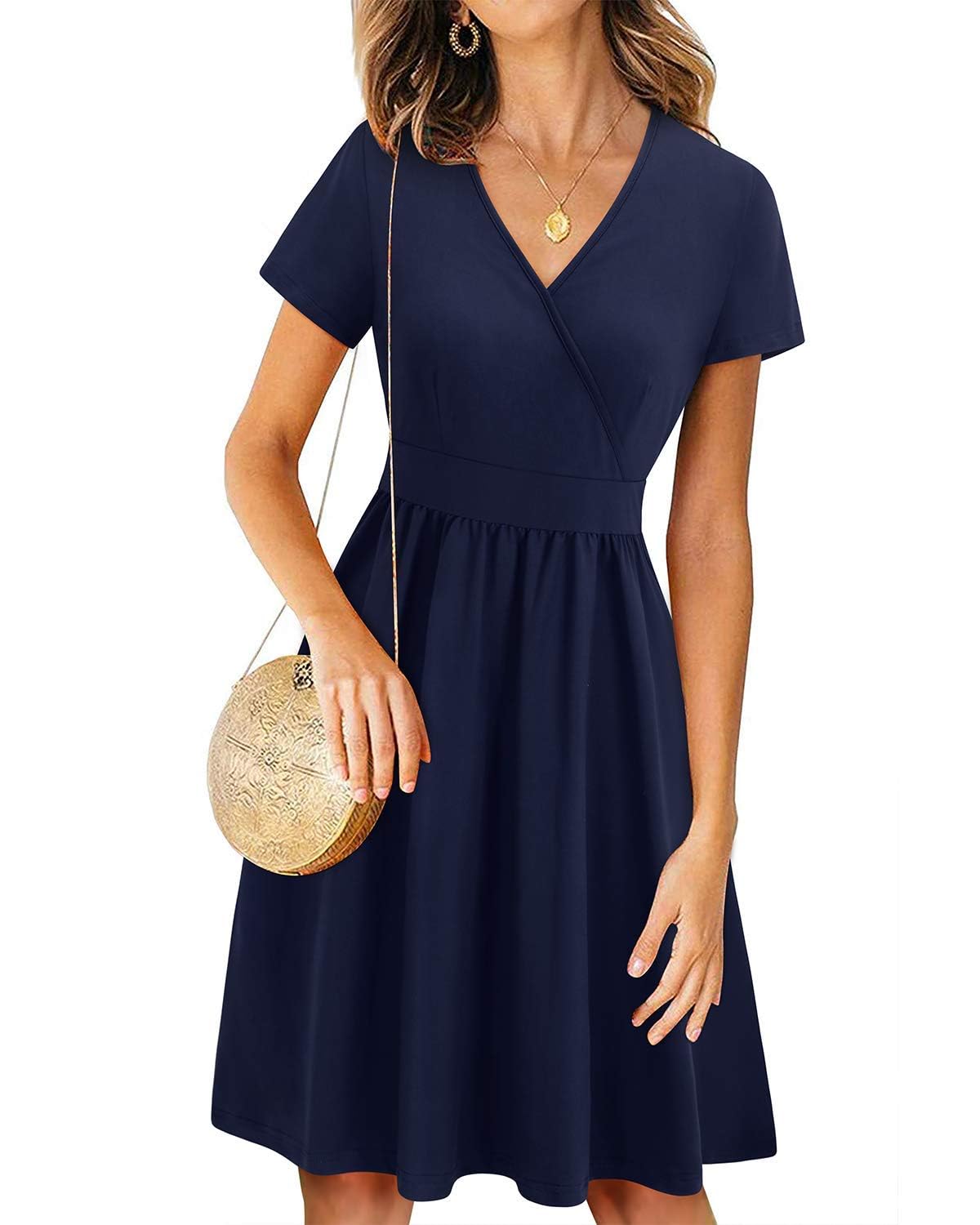 VOTEPRETTY Damen Sommerkleid Kurzarm V-Ausschnitt Wickelkleid Knielang Kleid mit Taschen