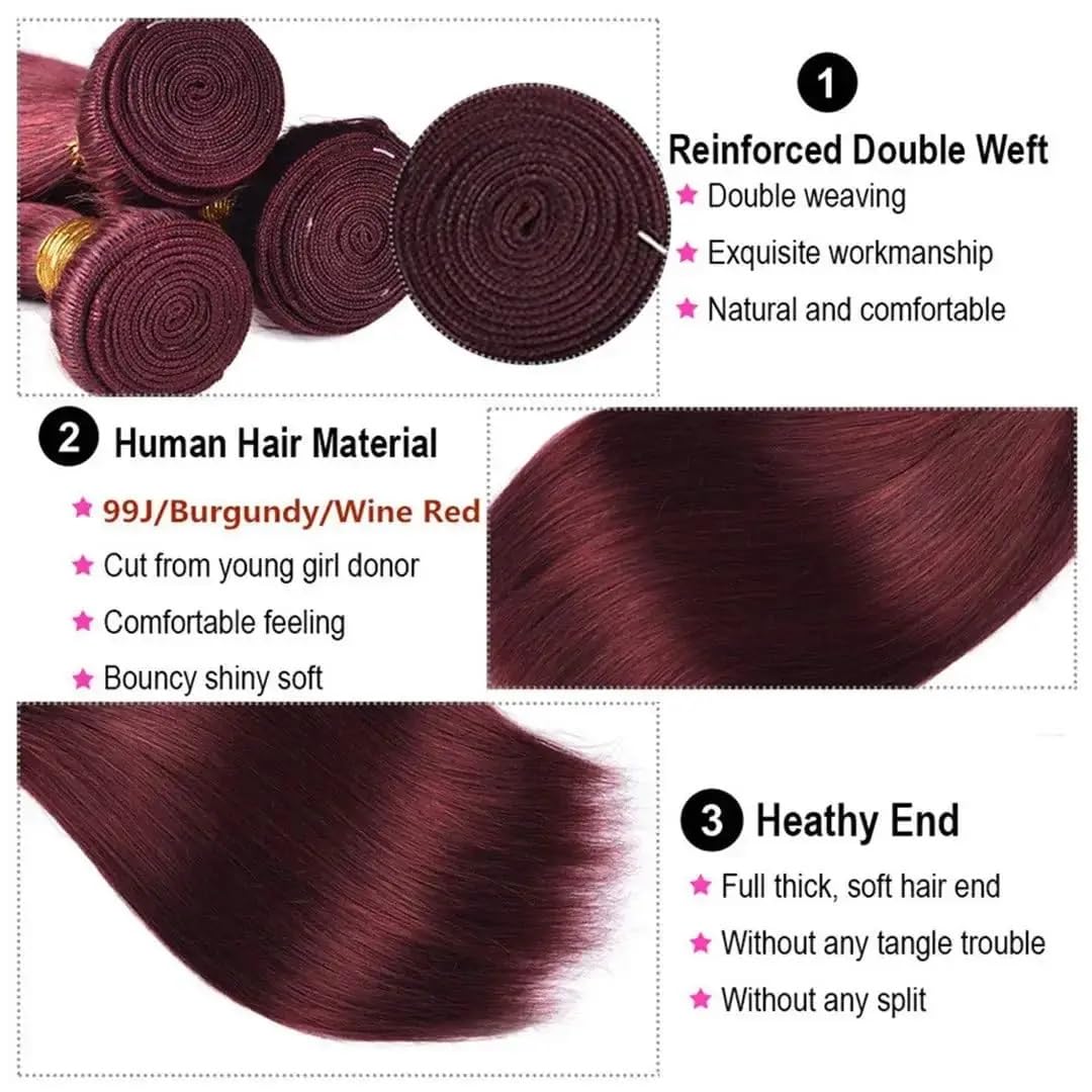 Fasci lisci bordeaux # 99J Estensioni dei capelli umani vergini non trattati rosso vino for donna 90 grammi for pacchetto 3 pacchi(26inch)
