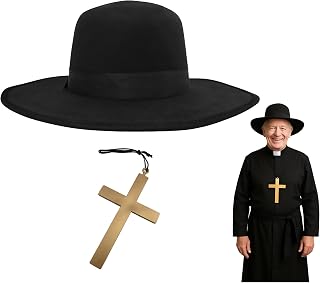 Adult Padre Hat & Cross Necklace Set Black Felt Wide Brim Hat with Adjustable Sweatband + Plastic Crucifix – Halloween Priest Zorro Cosplay Costume Accessory for Men & Women