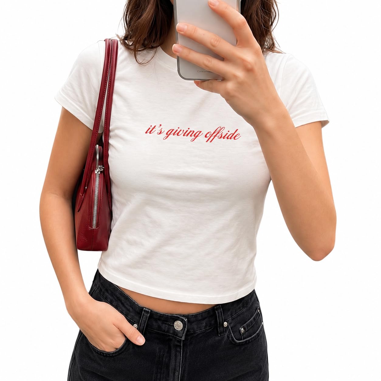 Sanfran Clothing It's Giving Offside Baby Tee T-Shirt Top World Football Shirt England Scotland Country Team 2026 Soccer Womens Flag Varsity Shirt White (Red Text) - XXS — image 1