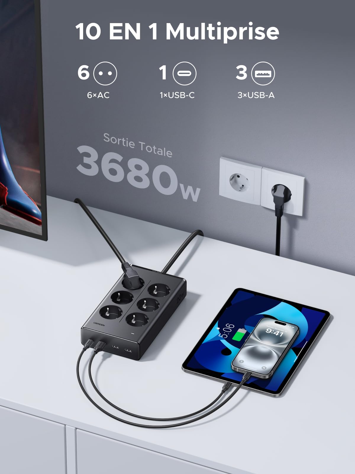 UGREEN 10 en 1 Multiprise avec Interrupteur 3680W 6 Prises AC 4 USB Bloc Electrique Contre Surtension USB C PD 20W Rallonge 1.5M Bureau Maison Noir Compatible avec iPhone 17 16 Galaxy S26 S25 MacBook