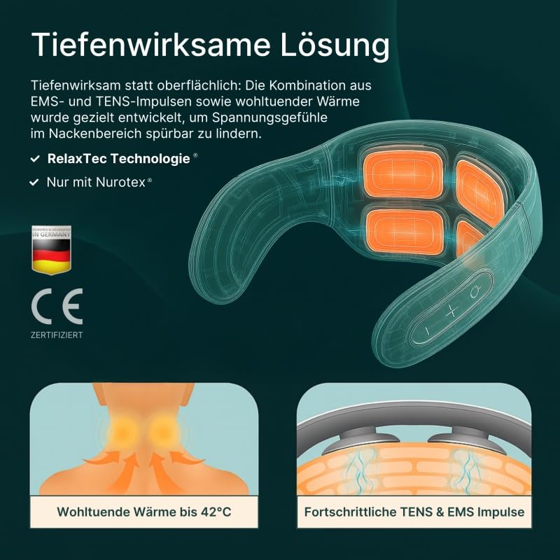 Nurotex 11-in-1 Nackenlösung Elektrisches Nackenmassagegerät - 6 Modi, 9 Intensitäten, Tragbar & Wiederaufladbar für Entspannung