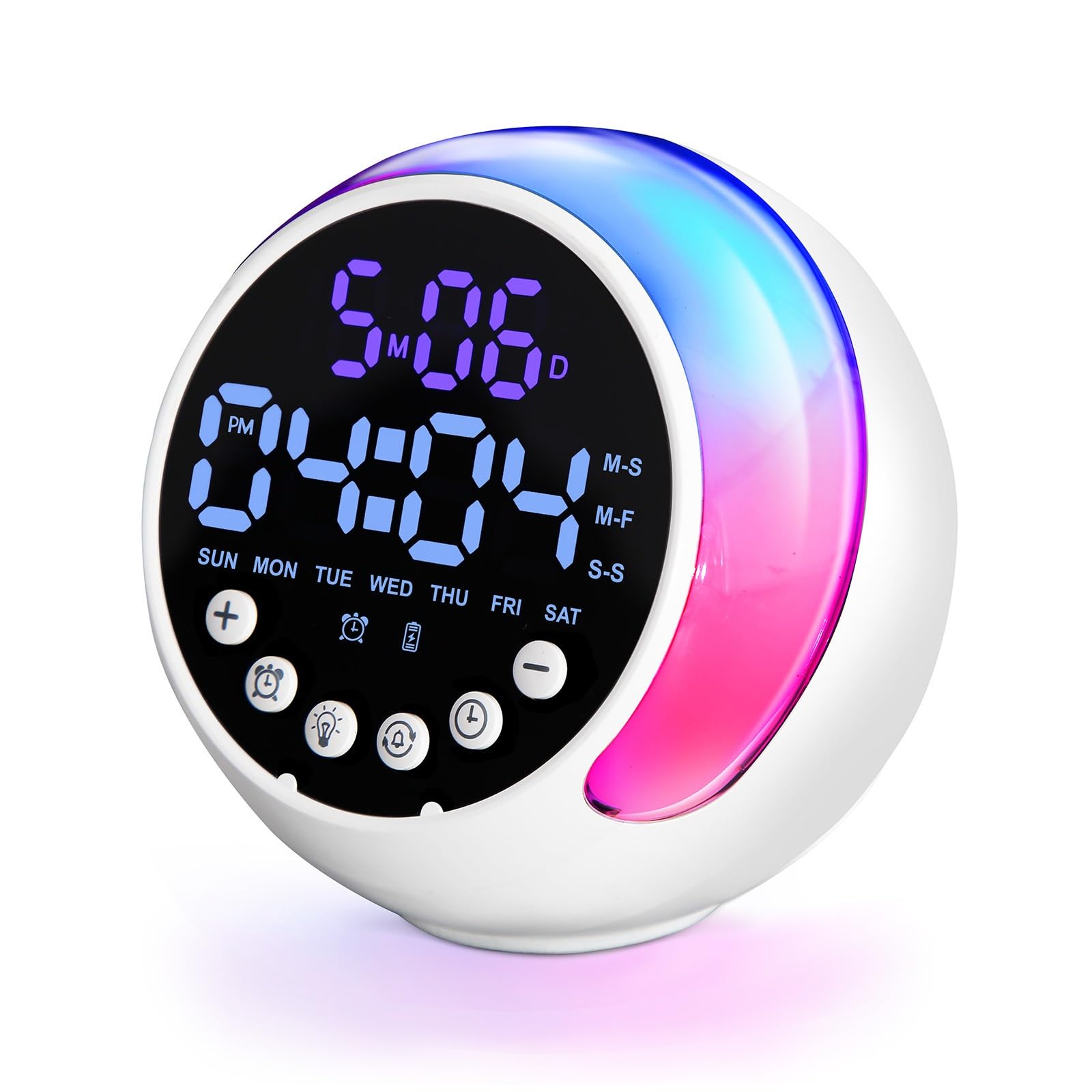 Sonnenaufgang-Wecker mit Farbwechselndem Nachtlicht, 13 Dynamischen Modi und 5 Helligkeitsstufen, Digitaler Wecker für Schlafzimmer, Kinderzimmer, Timer, Kompaktes Design