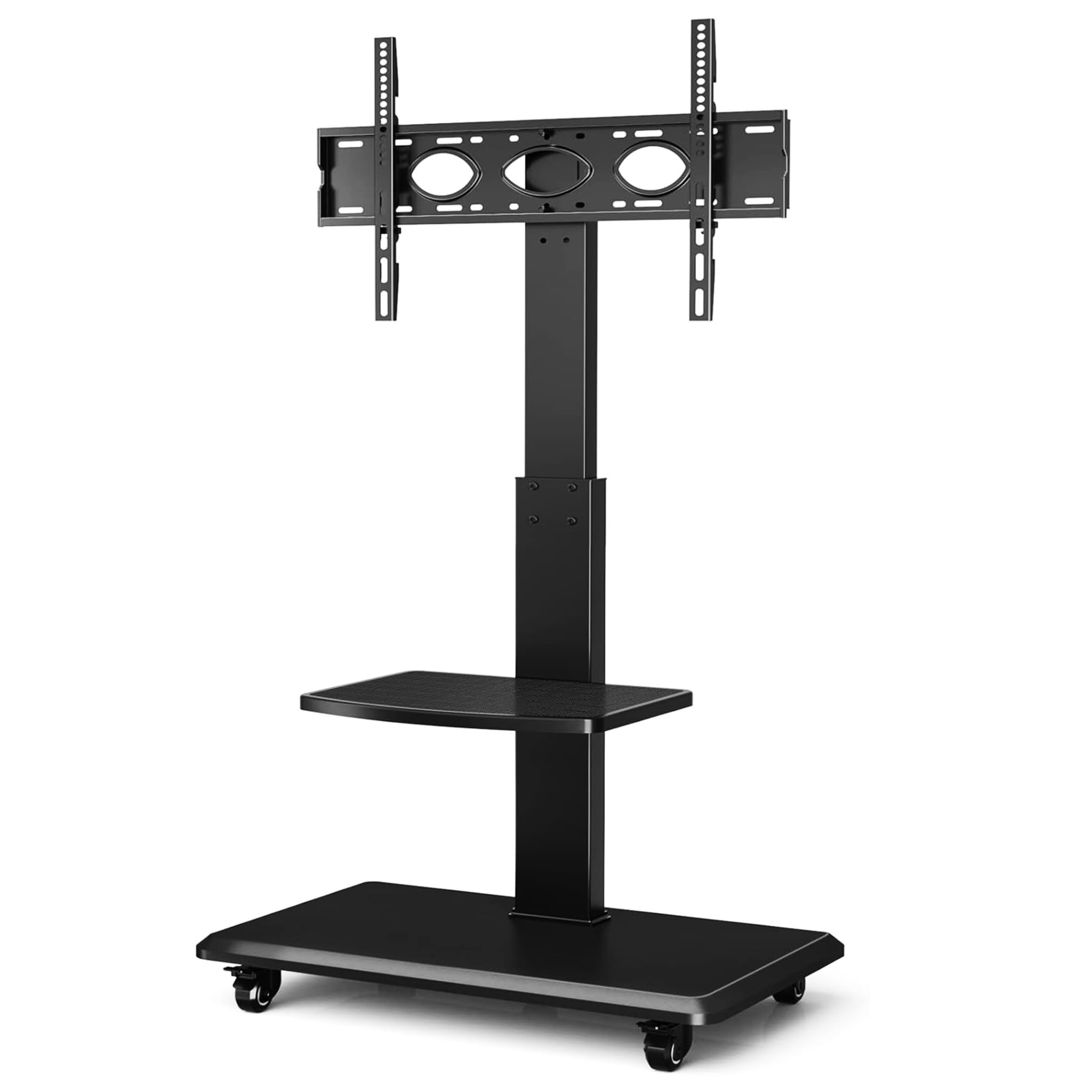 Bricoloco Soporte TV de Suelo con Ruedas giratorias y 2 baldas de Apoyo para Accesorios - Soporte de pie para televisores de 37 a 70 Pulgadas con Base Robusta y Estable - Sistema de Cables recogidos.