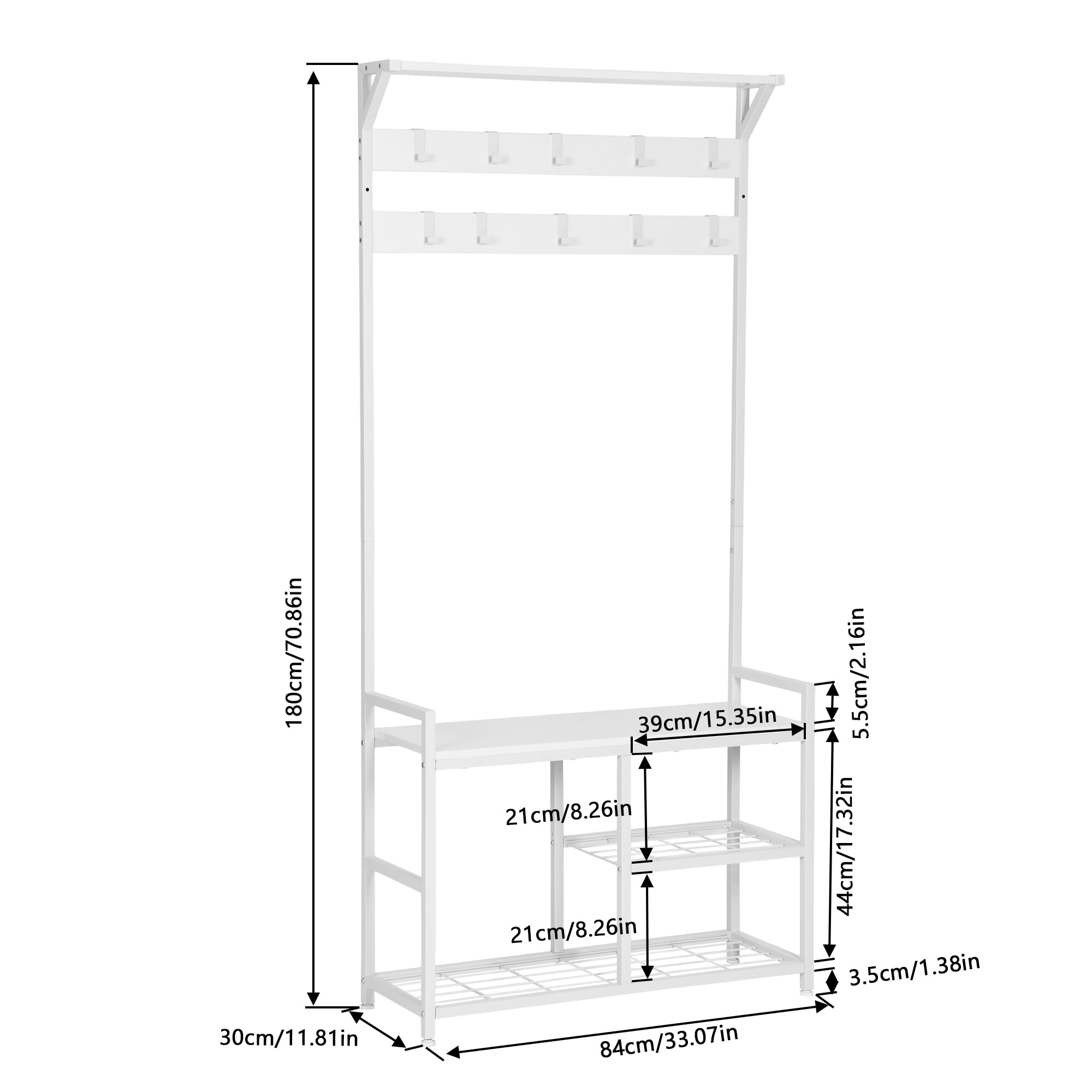 EGGREE Portarropa con portazapatos, Portarropa con 10 ganchos y estantes, capacidad de carga 100 kg, protección contra inclinación, para dormitorio pasillo, 84x30x182 cm, Blanco