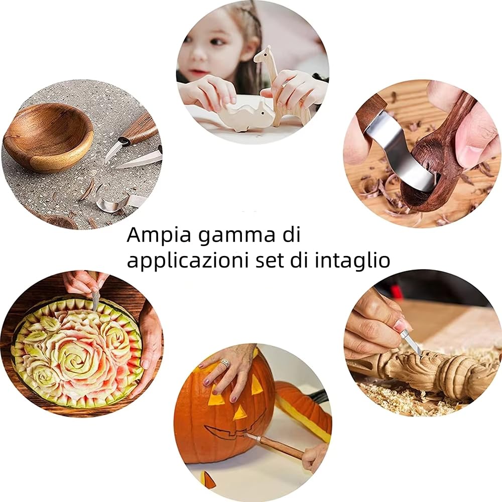 Strumenti Per Intaglio Del Legno - 21PCS Kit Intaglio Legno Professionale, Portare pietra pomice, cera, carta vetrata e guanti, Adatto a principianti e professionisti