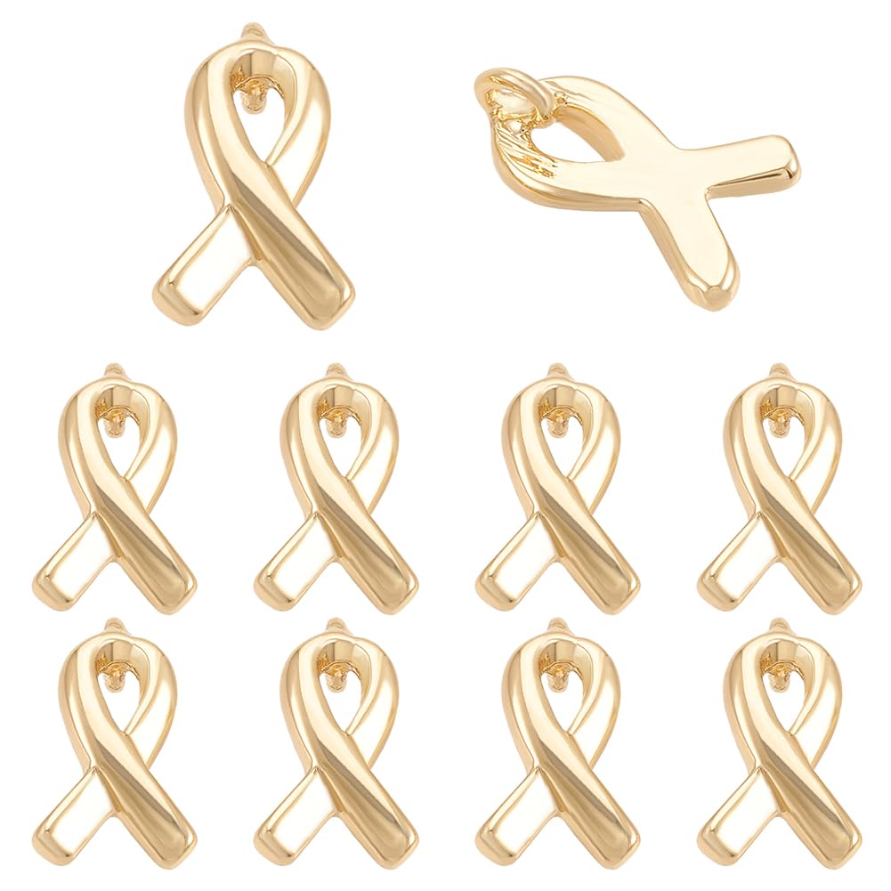 12 Breloques Ruban Sensibilisation Cancer Du Sein – Plaqué Or 18 Carats – Laiton Avec Zircone – Pour Bijoux DIY (collier, Bracelet, Boucles D’oreilles…)