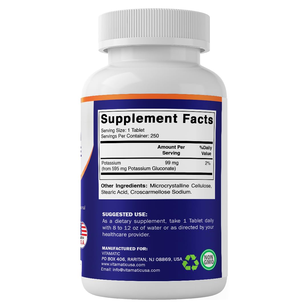 Vitamatic Potassium Gluconate 595 mg – Supports Heart, Muscle & Electrolyte Balance – 250 Tablets – Non-GMO, Made in USA — Amazon image 8