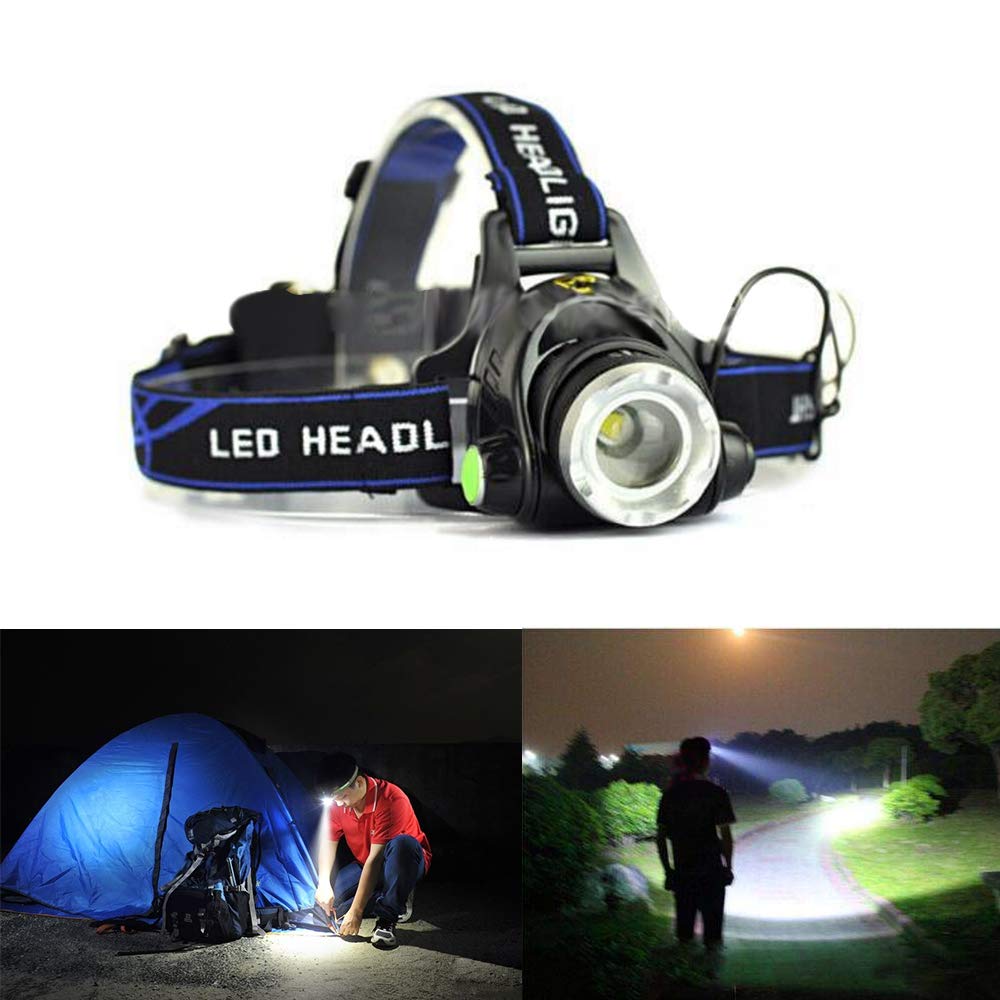 XUNATA LED Headlamp Flashlight Kit, 30000 Lumen Super Bright Zoomable Headlight, Red Safety Light, 3 Modes, Waterproof Light for Camping, Biking, 2 Rechargeable Lithium Battery and USB Cable Included