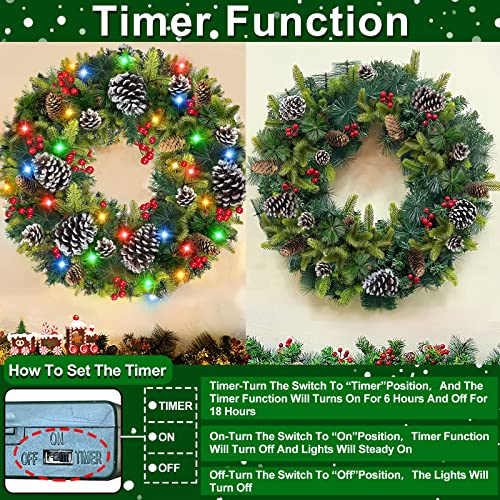 30 Inch Super Large Thick Prelit Christmas Wreath Decoration Realistic Feel 80 Colorful Lights Timer 280 Tips Giant 17 Pinecone 60 Red Berry Battery Operated Front Door Xmas Decor Indoor Outdoor Home #TOP4