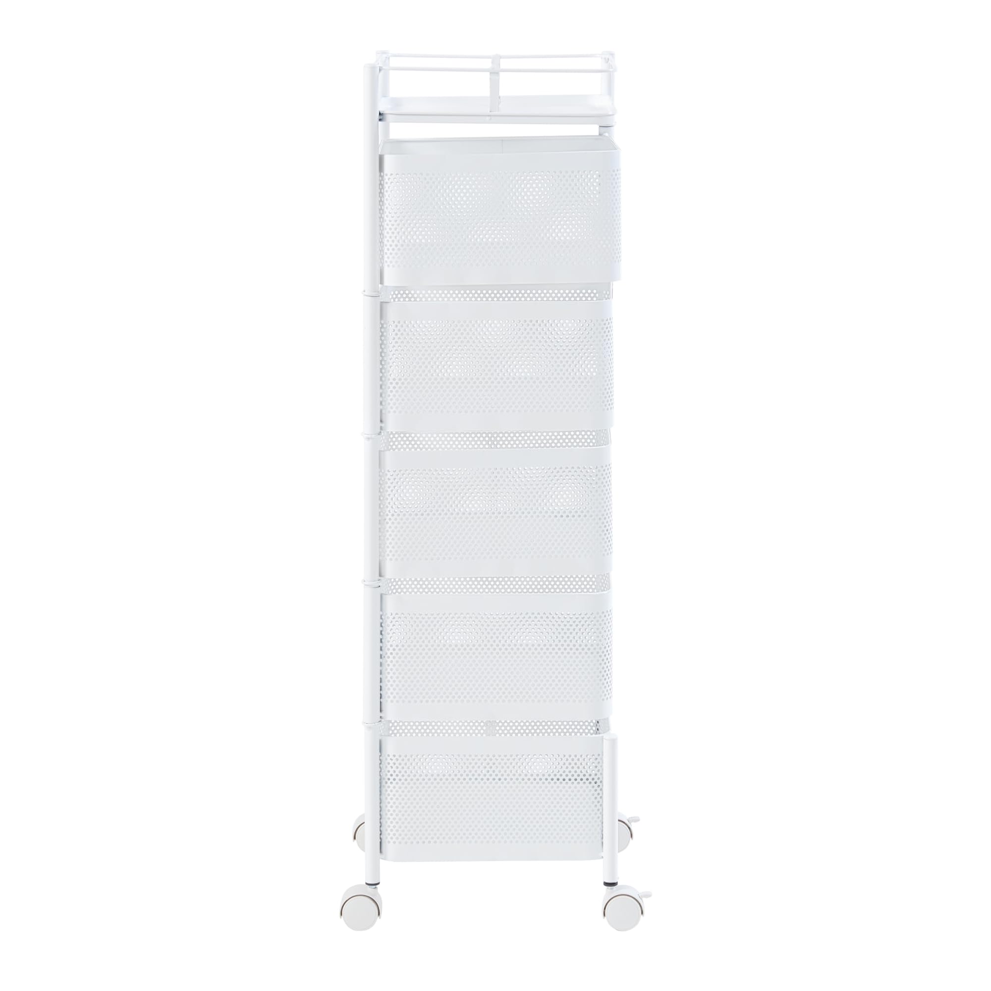[en.casa] Carro de Servicio con 5 Cestas Rectangulares Verdulero con Paredes Perforadas y 4 Cestas Superiores Giratorias Carrito de Cocina Baño con 4 Ruedas Acero 95x27x27 cm - Blanco