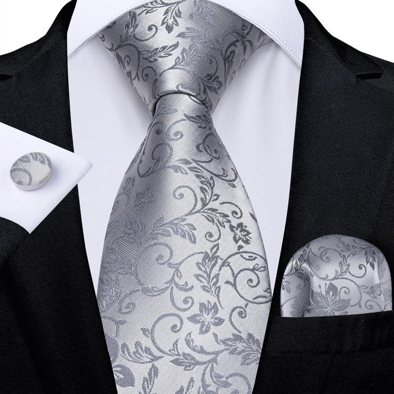 Set clásico de corbatas florales plateadas para hombre miniatura 2