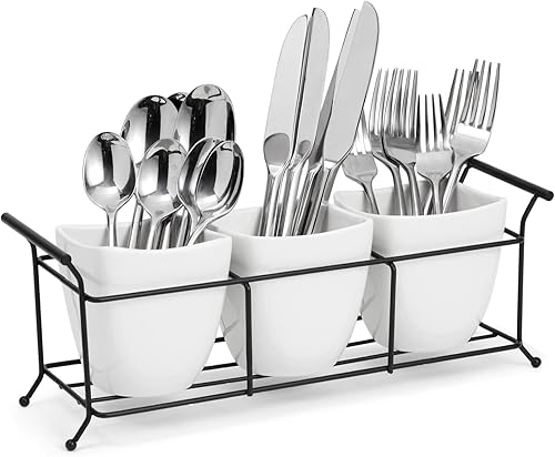 Miniatura 5 de Farmlyn Creek Soporte de utensilios de cocina blanco de 3 piezas con soporte de metal, organizador de cubiertos para cubiertos, cubiertos,