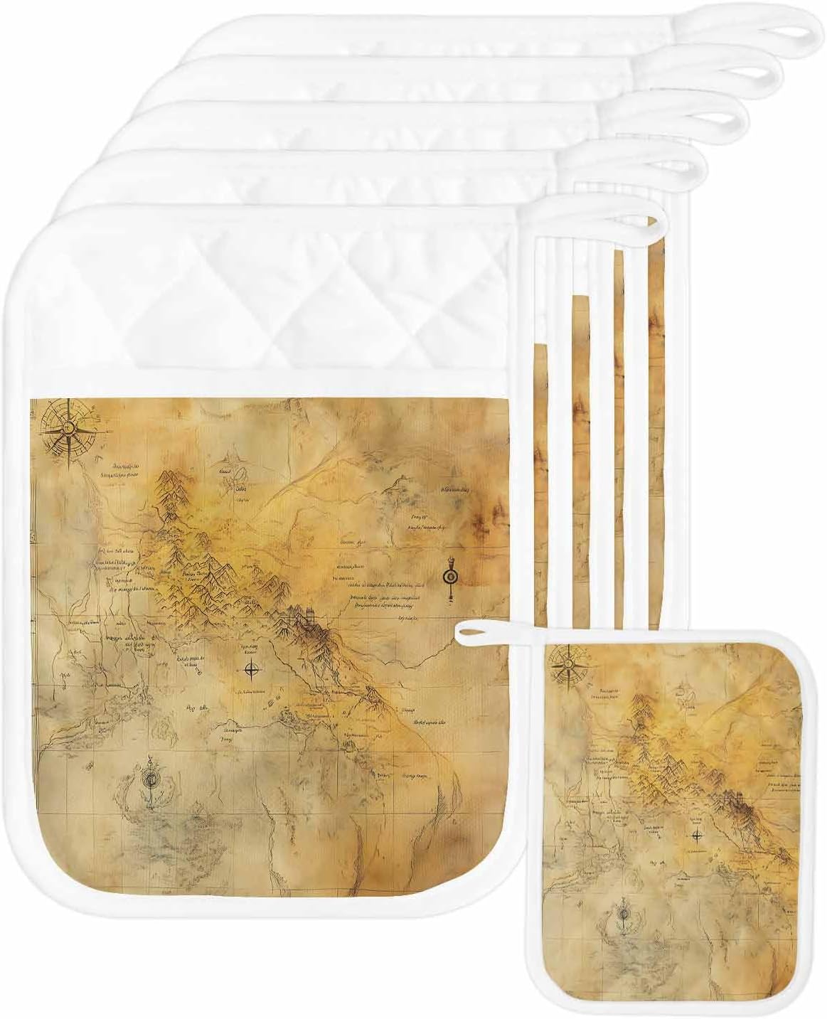 5PCS Pot Holders with Pocket for Kitchen, Vintage Map Pot Holder Set Heat Insulation Potholders, Middle Century Farmhouse Natural Landscape Oven Mitts Hot Pads for Baking Cooking Barbecue