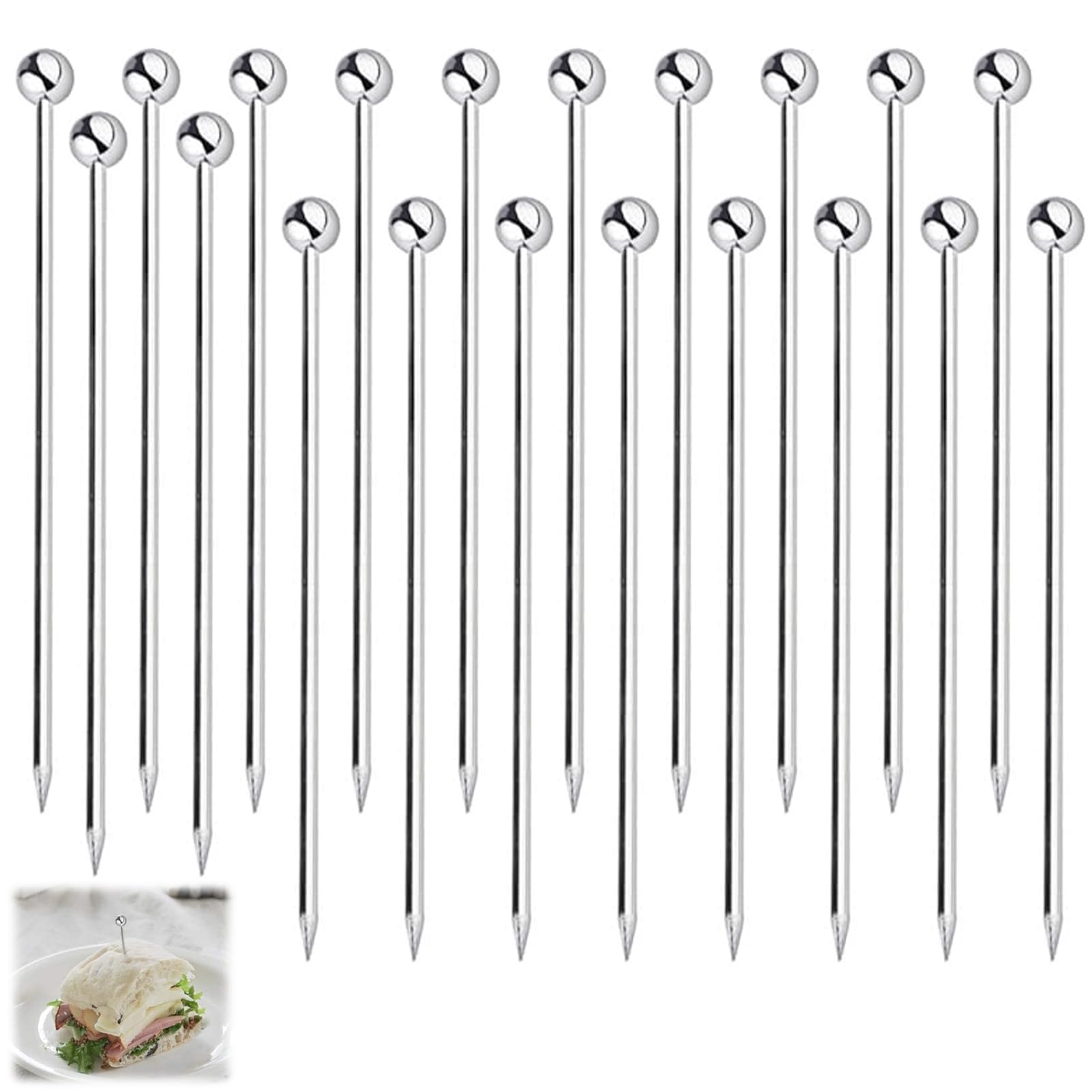 Lot de 20 Piques à Cocktail en Acier Inoxydable Argenté, Brochettes Réutilisables 11cm avec Tête à Boule pour Apéritif, Olives, Fruits et Martini, Accessoire Essentiel pour Bar et Fête