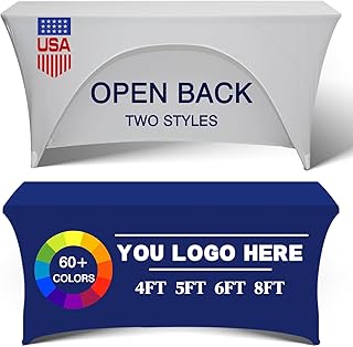 Custom Stretch Spandex Table Cloth with Business Logo 4/5/6/8 FT Personalized Table Cloths for Tradeshow Events/Company/School/Associations/Shop/Church/Club /Society Two Styles (4FT Open Back)