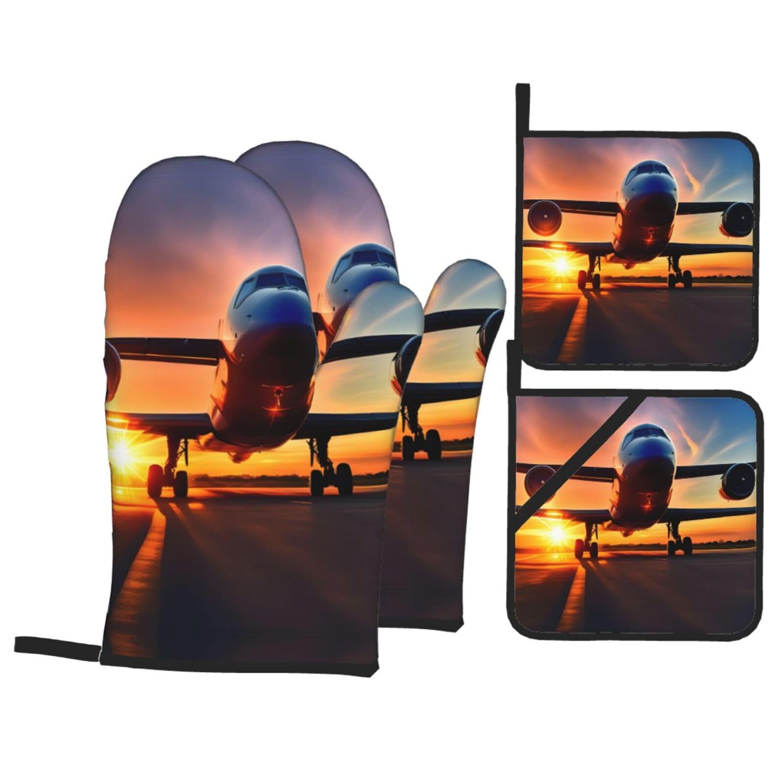 Airplane Sunset Sky Print Stylish 4-Piece Microwaving Oven Waterproof Kitchen Gloves Baking Holiday Cooking