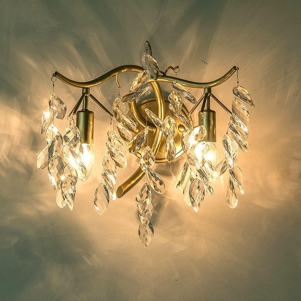 HPTHLY Antique Gold Wall Sconce, 2-Light Wicker Clear Crystal Wall Lamp, Vintage Retro Wall Light With Branch Art Design, Crystal Wall Sconces, E14 Lighting Fixture F