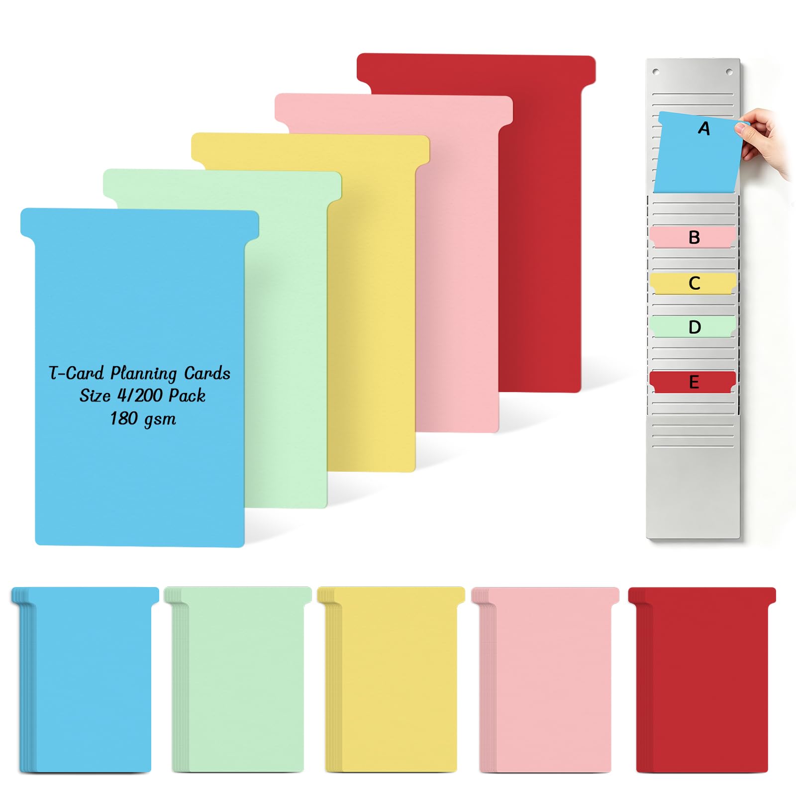 200 Pack Size 4 T-Card Planning Card Re-Fills 180gsm Colored T Cards Red Yellow Blue Pink Green for Pegboard Office Wall Planner System W60x Bottom W48X Full H85mm
