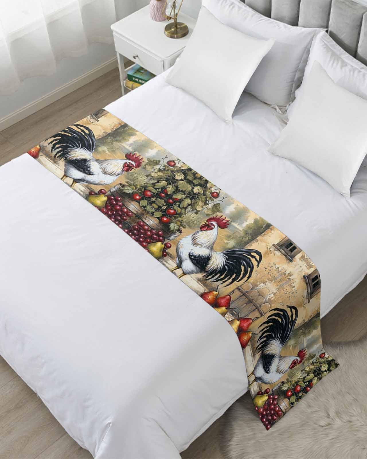 Vintage Rooster Bed Runner for Full/Queen Size, Pastoral Animals Plaid Bedspread Protector Slipcover Bed Scarf for Foot Runners & Scarves for Bedroom Hotel Wedding Room 83x20 Inches