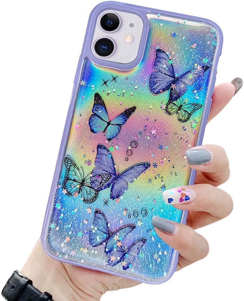 LCHULLEGirly Case for iPhone SE 2020 iPhone 7 iPhone 8 Case Cute Iridescent Butterfly Design Laser Bling Glitter Stars Girls Women Soft TPU Bumper Drop Protection Cover for iPhone 7/8/SE2020, Purple