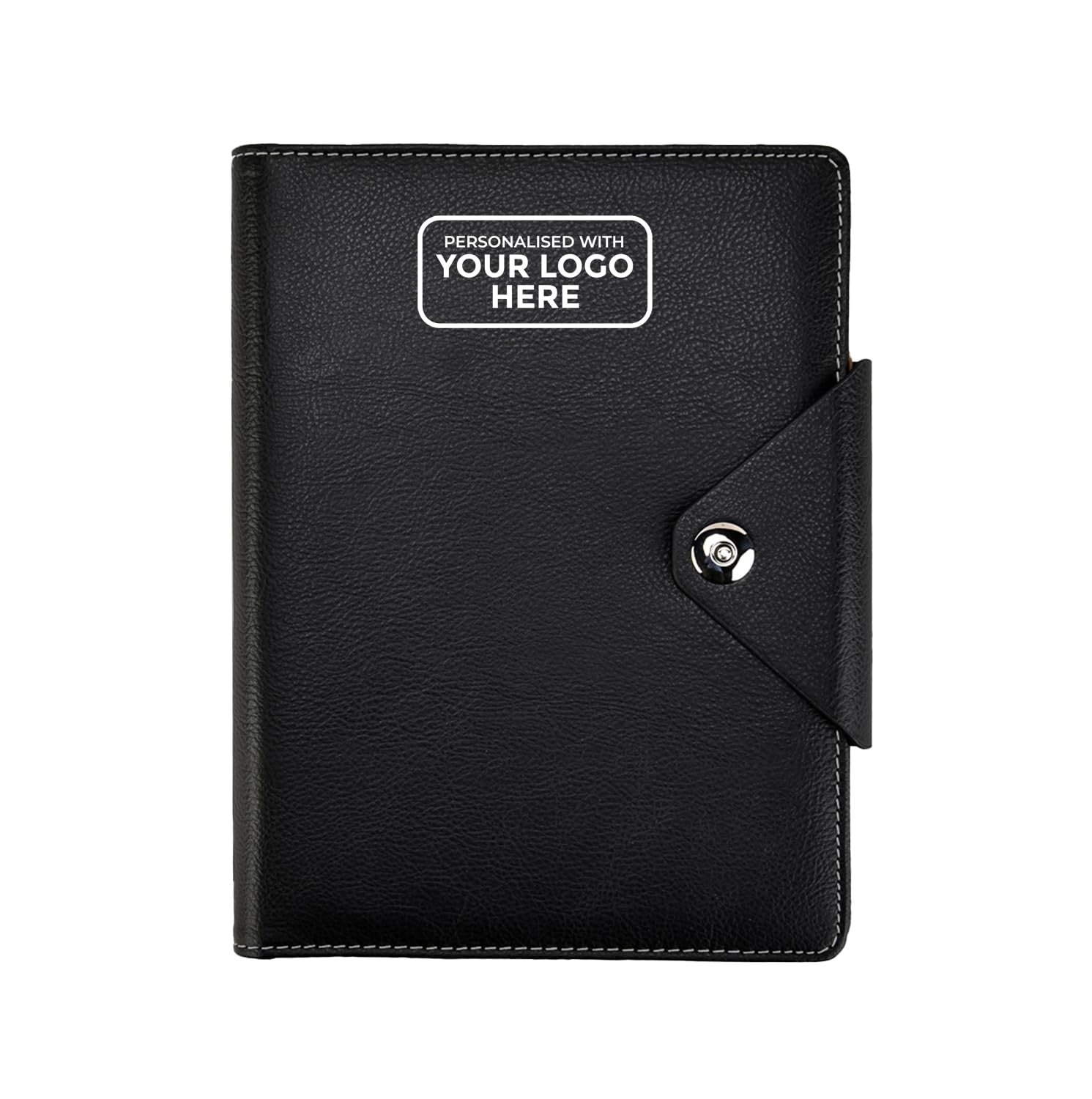 ARPAN Personalised Custom Logo A5 Executive Personal Organiser Ruled Notebook Padded Leather Cover with Stud Button Closure (Black)