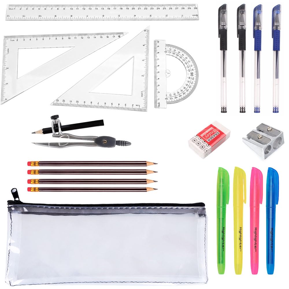 Belegao 20pcs Stationary Set, Maths Set Back to School Supplies Rulers, Pencils, Pens, Highlighters, Eraser, Metal Sharpener, Compass, Pencil Case for Primary Secondary Classroom, Home, Office