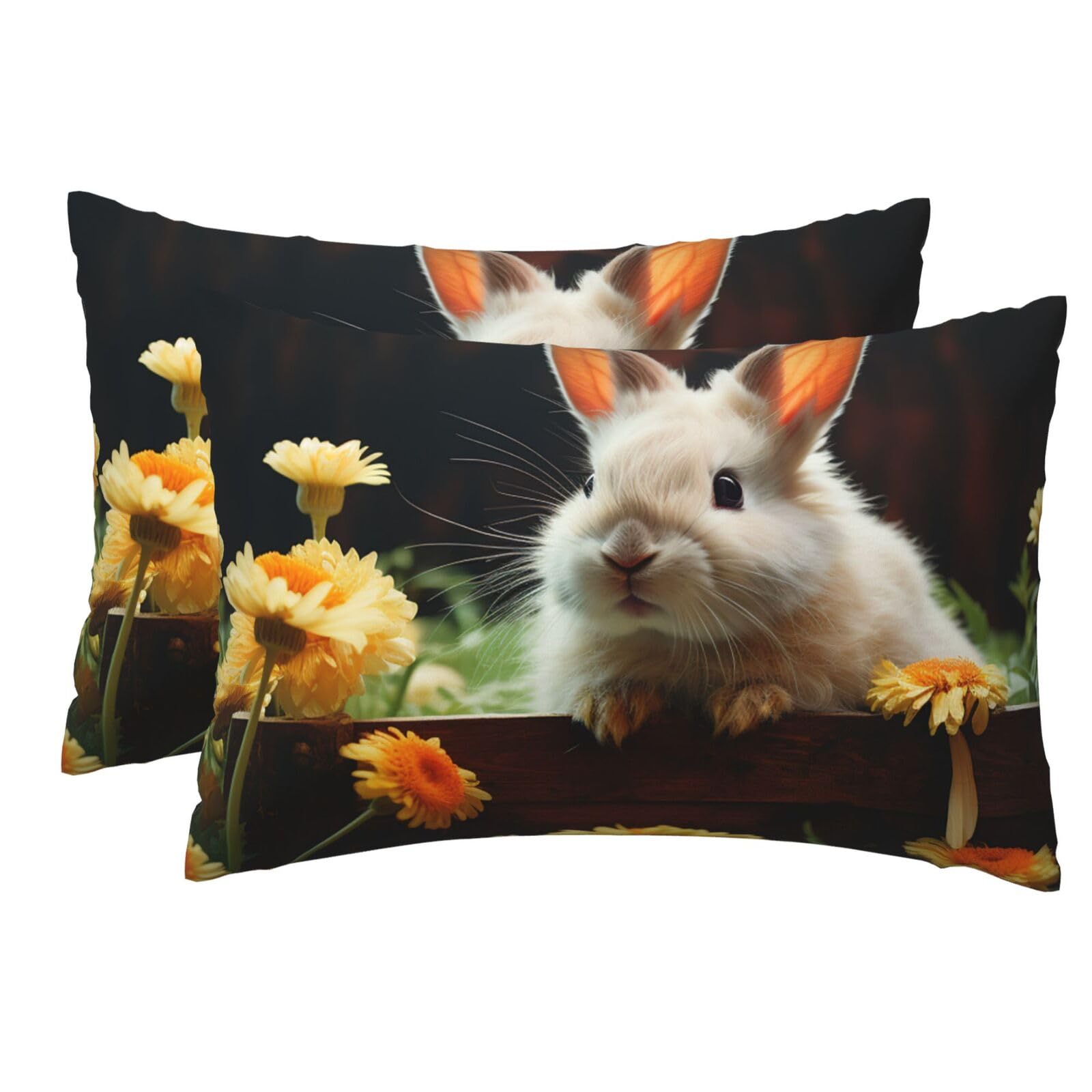 2 Pack Pillow Cases with Hidden Zipper, Soft Breathable Pillow Covers for Hair and Skin, Rabbit and Flower Pillowcases 12"x18" Bed Pillow Protectors Cover for Sleeping Gifts