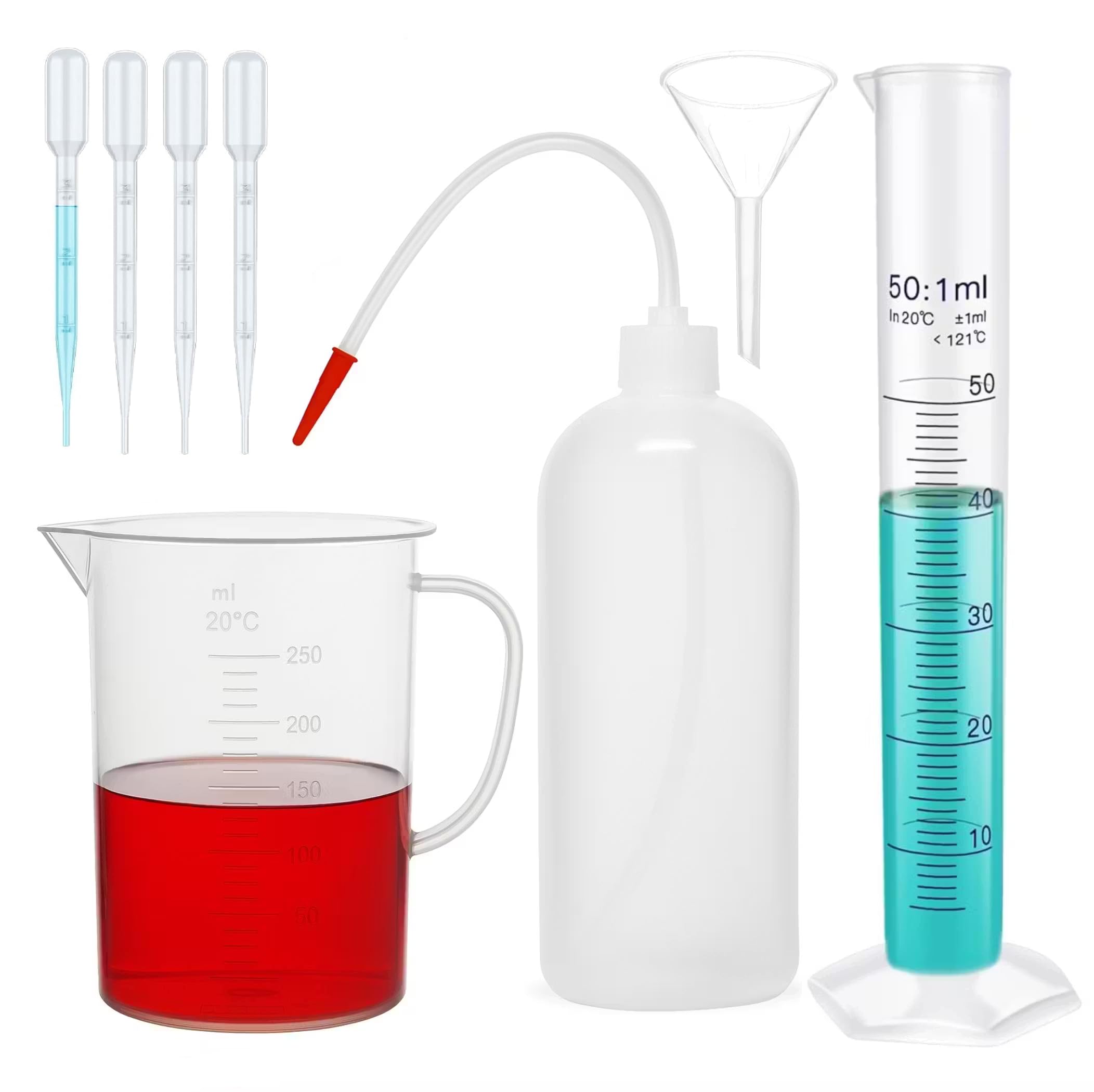 Science Lab Kit with 250ml Beaker, Plastic 50ml Graduated Cylinder, 250ml Wash Bottle, 35mm Funnel and 3ml Pipettes for Schools Science & Fluid Measurement Perfume Making-image-39