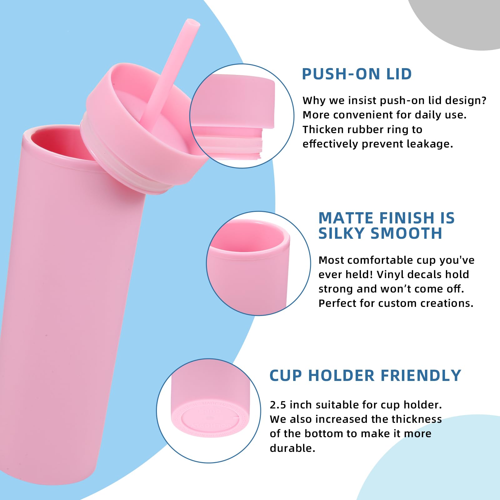 Volhoply Vaso delgado de plástico de 16 onzas con tapa y popote, paquete de 8 unidades, vasos aislados de acrílico mate de doble pared sin BPA, taza de viaje reutilizable para café helado, regalos