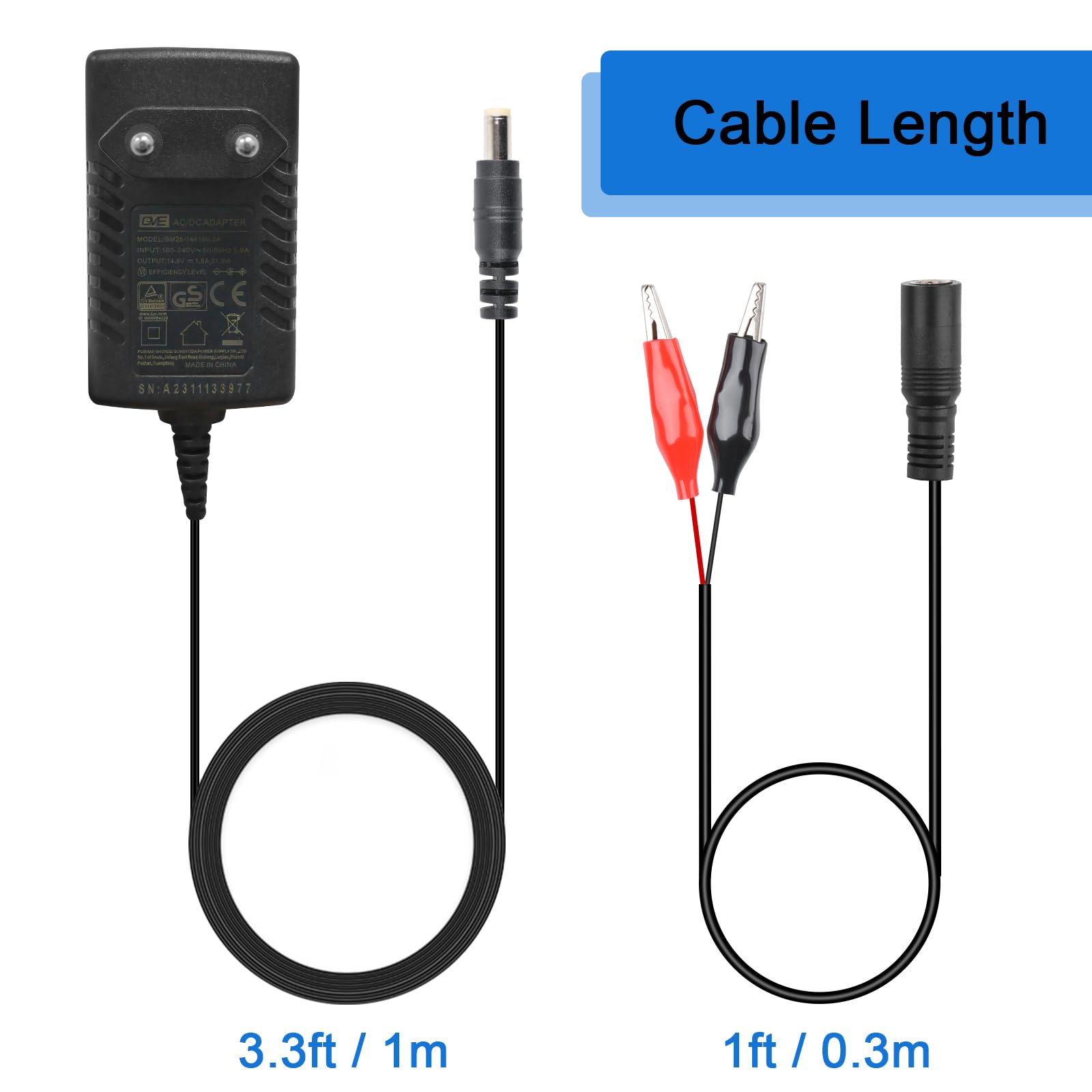 TalentCell Cargador inteligente 14.4 14.6 V/1.5 A, adaptador de corriente CA CC, cargador de batería LiFePO4 de 12 V con conector DC 5521, pinzas de cocodrilo para cámara, altavoces, GPS, webcam