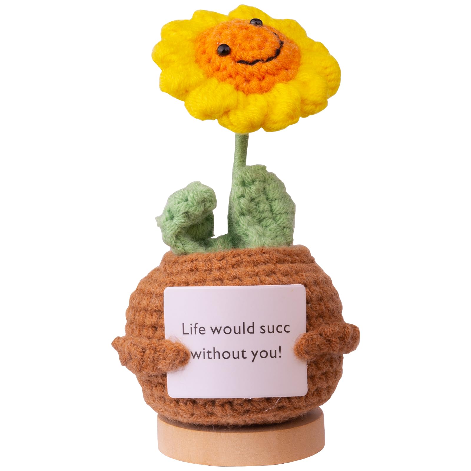 Funny Positive Crochet Potato, Handmade Emotional Support Wool Knitting Sunflower Doll Car Dashboard Decoration Cheer Up Gift with Wooden Base for Car Home Office(A1)