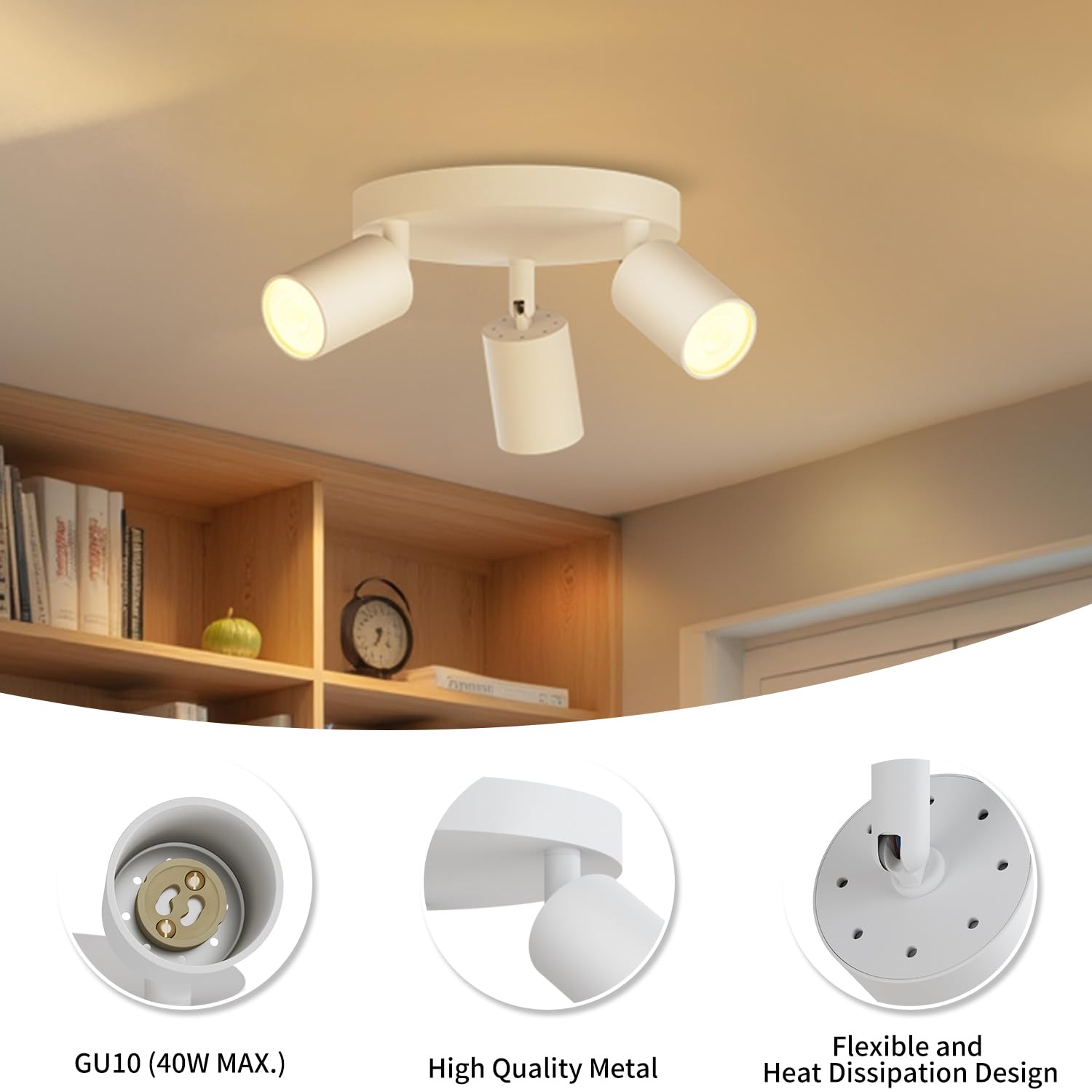 LVWIT GU10 Circular Ceiling Light,Kitchen Lights Ceiling,White Light Fittings Ceilings,3 Way Ceiling Spotlight Fitting,GU10 Base Spot Lights for Kitchen Lounge Bedroom Dining Room(Bulb Not Included) - Image 2