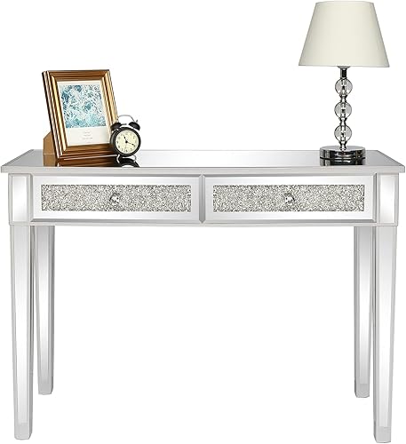 Miniatura 5 de Karl home Escritorio con espejo con 2 cajones plateados, mesa de sofá con incrustaciones de cristal frontal para sala de estar, entrada, vestíbulo,