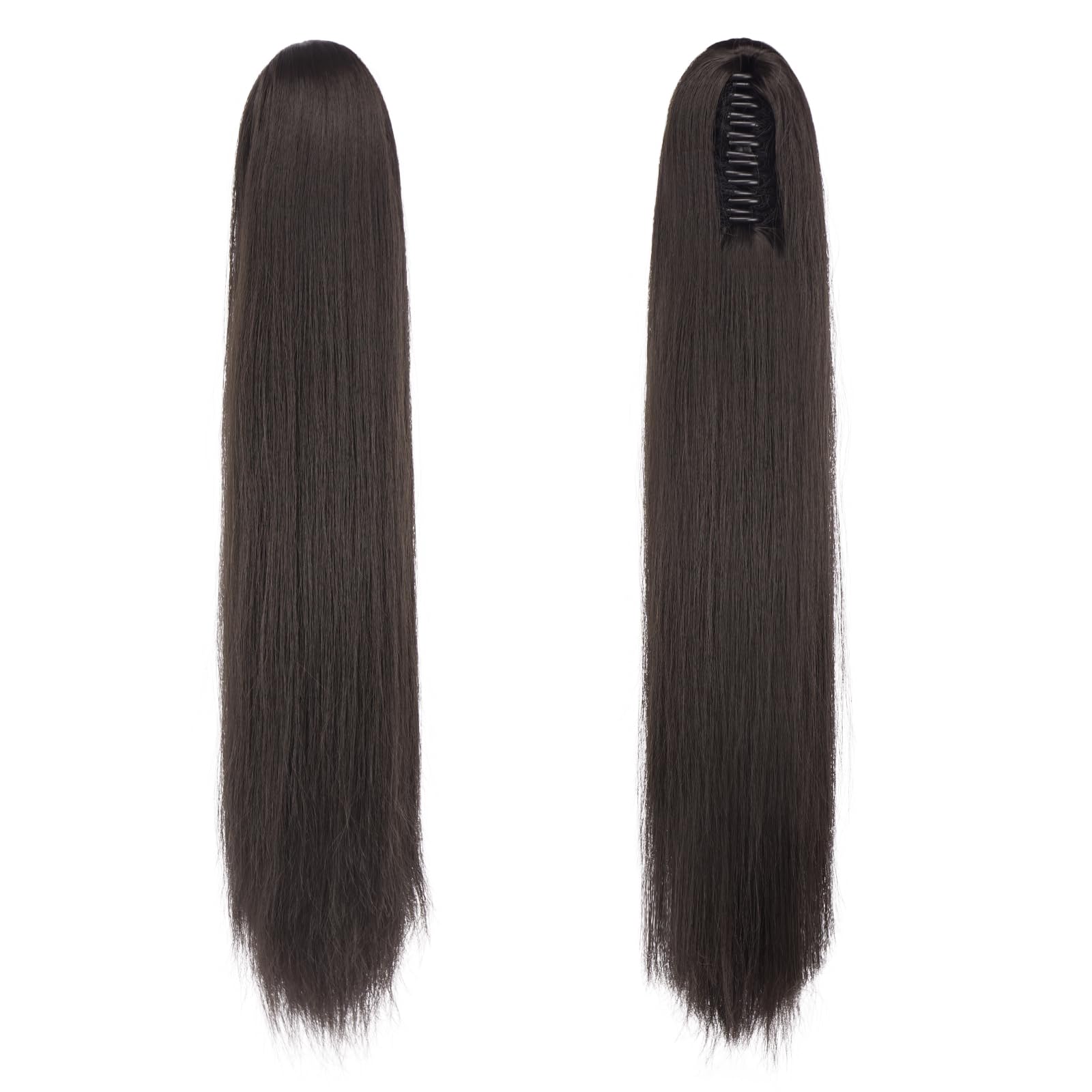 FESHFEN Coda Capelli Lisci Extension con Pinza - Lunghi Dritto Liscia Coda Finta Capelli Marrone Scuro Sintetici Posticci Ponytail Extensions Coda di Cavallo per Donna, 63 cm