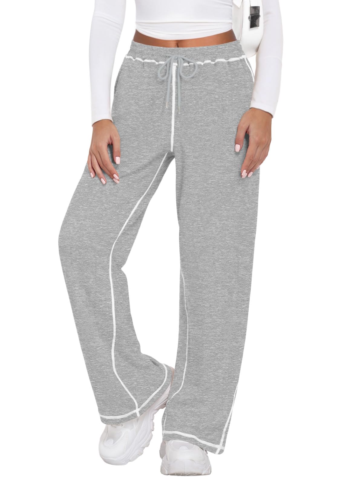 Feiersi Womens Wide Leg Sweatpants Soft Trendy Drawstring Baggy High Waisted Casual Trousers Jogger Sweat Pants