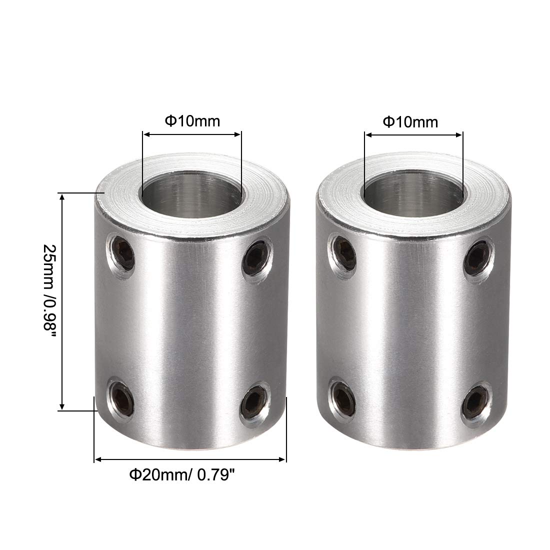 Produktbild von 2 Stück Starre Wellenkupplung 10 Mm Auf 10 Mm – Aluminium, 25 Mm Länge, 20 Mm Ø, Mit M4 Schrauben