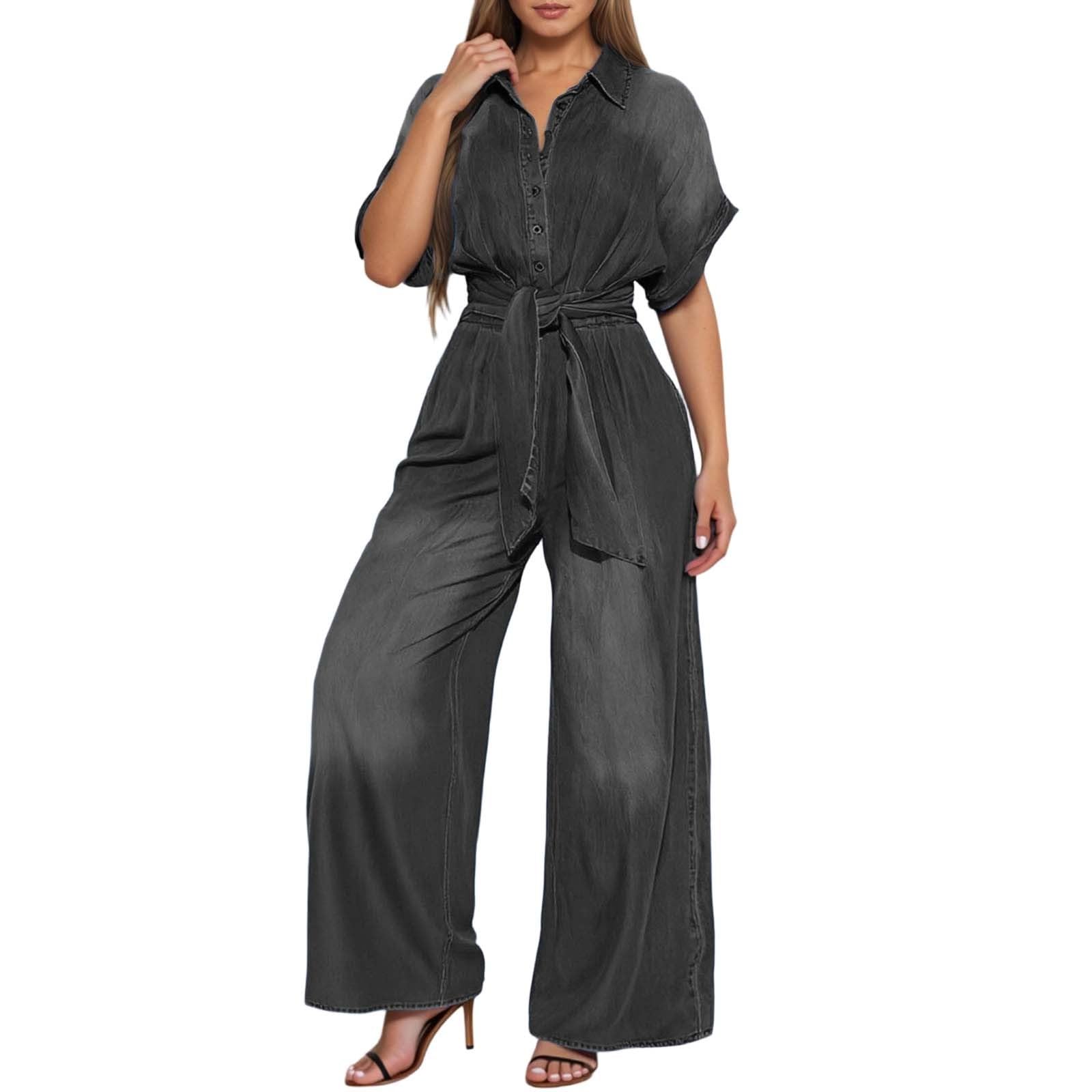Générique Combinaison Femme Élégante Combishort Sexy Ete Femmes Manches Courtes Col Rond Couleur Unie Barboteuse Jumpsuit D'été Chic Élégant Slim Pantalon Loose Casual Avec Ceinture