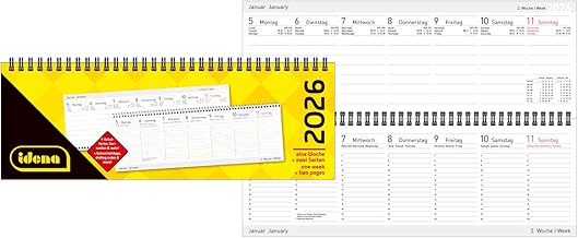 Idena 12059 Desk Calendar 2026 Landscape Format 29.8 x 10.5 cm, per Week 2 Pages, Desk Calendar with Yearly Overview and Spiral Bound