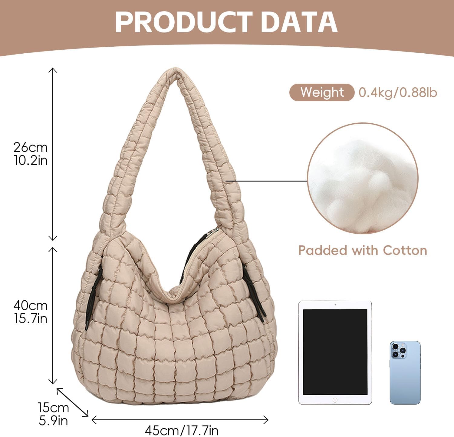 Puffer Tote, Quilted Puffer Hobo Bag, Lightweight Puffy Quilted Shoulder Bag for Work, Gym, Travel - Image 3