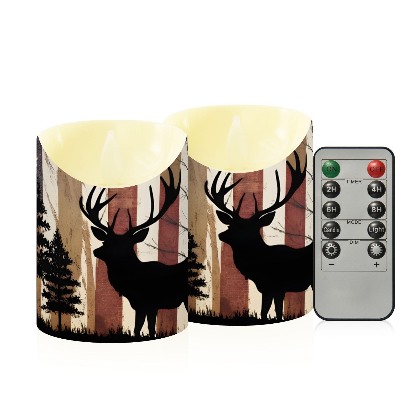 Ewusp American Flag Deer Antlers Hunting Flameless Candles Battery Operated Flickering LED Pillar Candles Set of 2 with Remote Control & Timer, for Home Decor Wedding Holiday Party Centerpieces