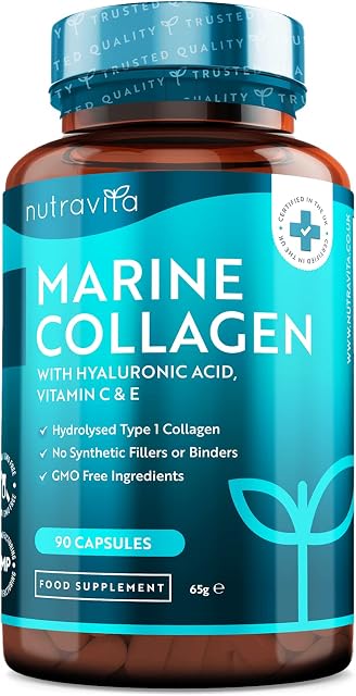 Marine Collagen 1000mg Enhanced with Hyaluronic Acid 100mg - 90 Super Strength Capsules - Hydrolysed Collagen Supplements - Vitamin C, Vitamin E, Vitamin B2, Zinc, Copper - Made in The UK by Nutravita